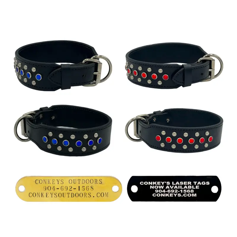 18"/20" Black Leather Collar With D Ring & Blue/Red Nickel Spots - 2” Wide 1
