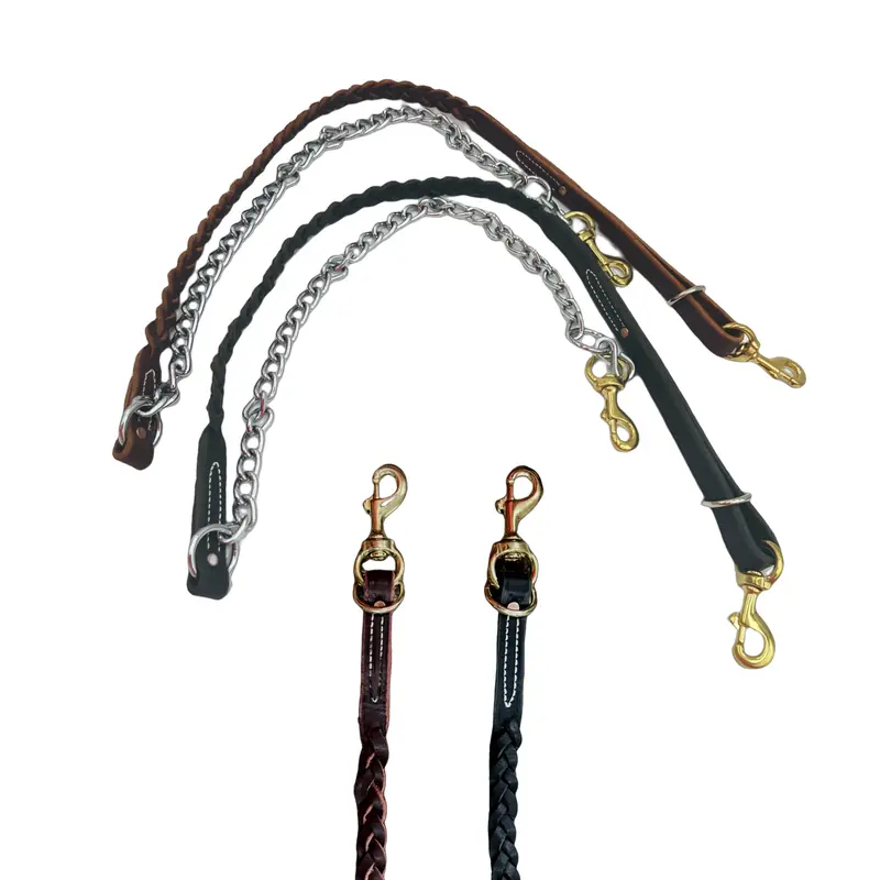 Braided Flat Leather Lead With 2' Chain Lead For 1 Or 2 Dogs 1