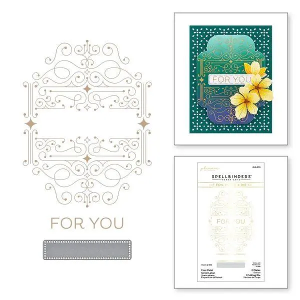 Four Petal Collection - Fourl Petal Scroll Label Glimmer Hot Foil Plate & Die Set 1