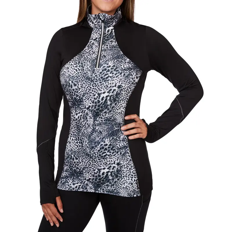 Hot Chillys Womens Elite Inset Leopard Print Zip-T 1