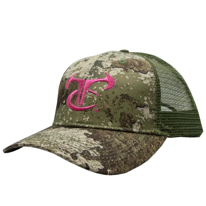 Ladies Strata/Olive Mesh Cap With Metallic Pink Logo 1