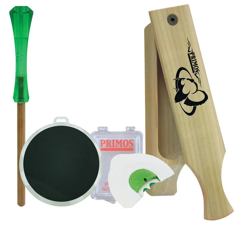 Primos Turkey Caller Starter Pack Attracts Turkeys, Includes Sonic Dome Mouth Call, Sonic Dome Slate Call, Slim Striker & Double Sided Box Call 1