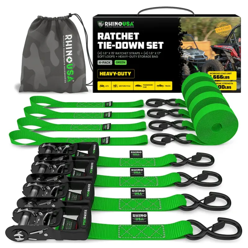 Rhino Usa 1.6" X 15' Hd Ratchet Tie-Down Set - 4-Pack (Lime Green) 1