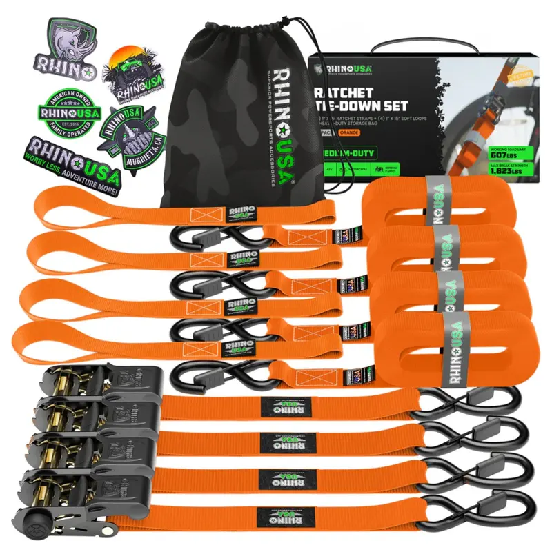 Rhino Usa 1" X 15' Ratchet Tie-Down Set - 4-Pack (Orange) 1