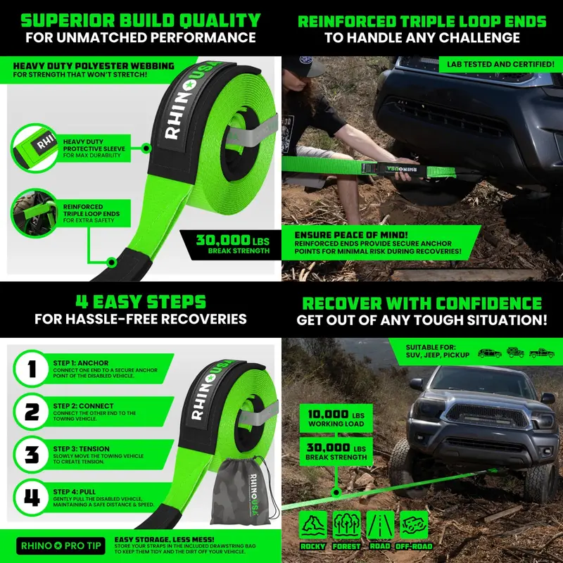 Rhino Usa 3" X 30' Ultimate Recovery Tow Strap (Green) 2