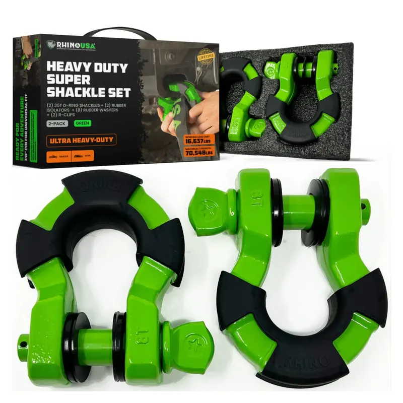 Rhino Usa 8-Ton Super Shackles W/ Isolators (Lime Green) 1