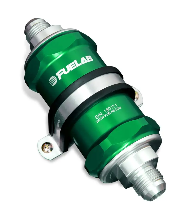 Fuelab Inline Fuel Filter – -12An Inlet/Outlet, 100-Micron Stainless Steel Element, Green Housing 1