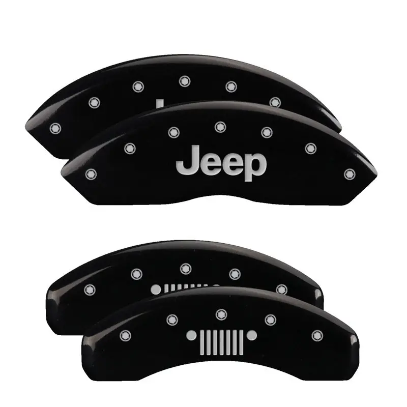 Mgp Engraved 4-Piston Caliper Covers For 2018 Jeep Wrangler – Front Calipers, Black Base With Silver Jeep Grill Logo Accent 1