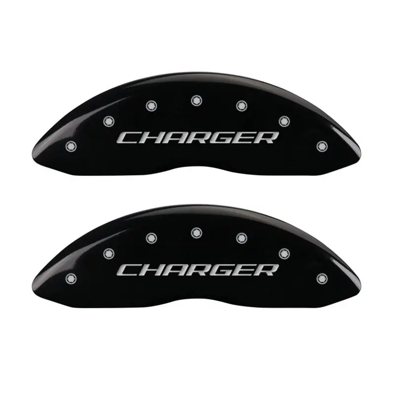 Mgp Engraved 4-Piston Caliper Covers For Dodge Charger – Front & Rear, Black Base With Silver Accent 1