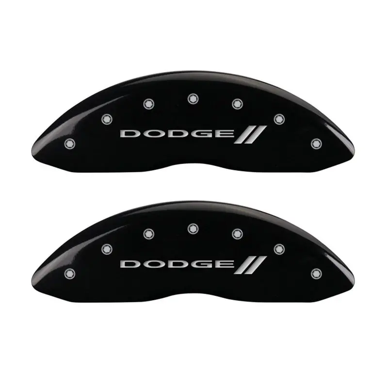 Mgp Engraved 4-Piston Caliper Covers – Front And Rear, Dodge Black Finish With Silver Stripes 1